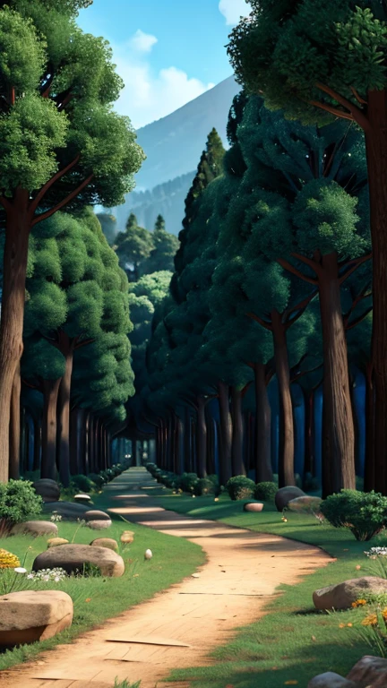 A beautiful forest with tall butterfly trees and a narrow path.