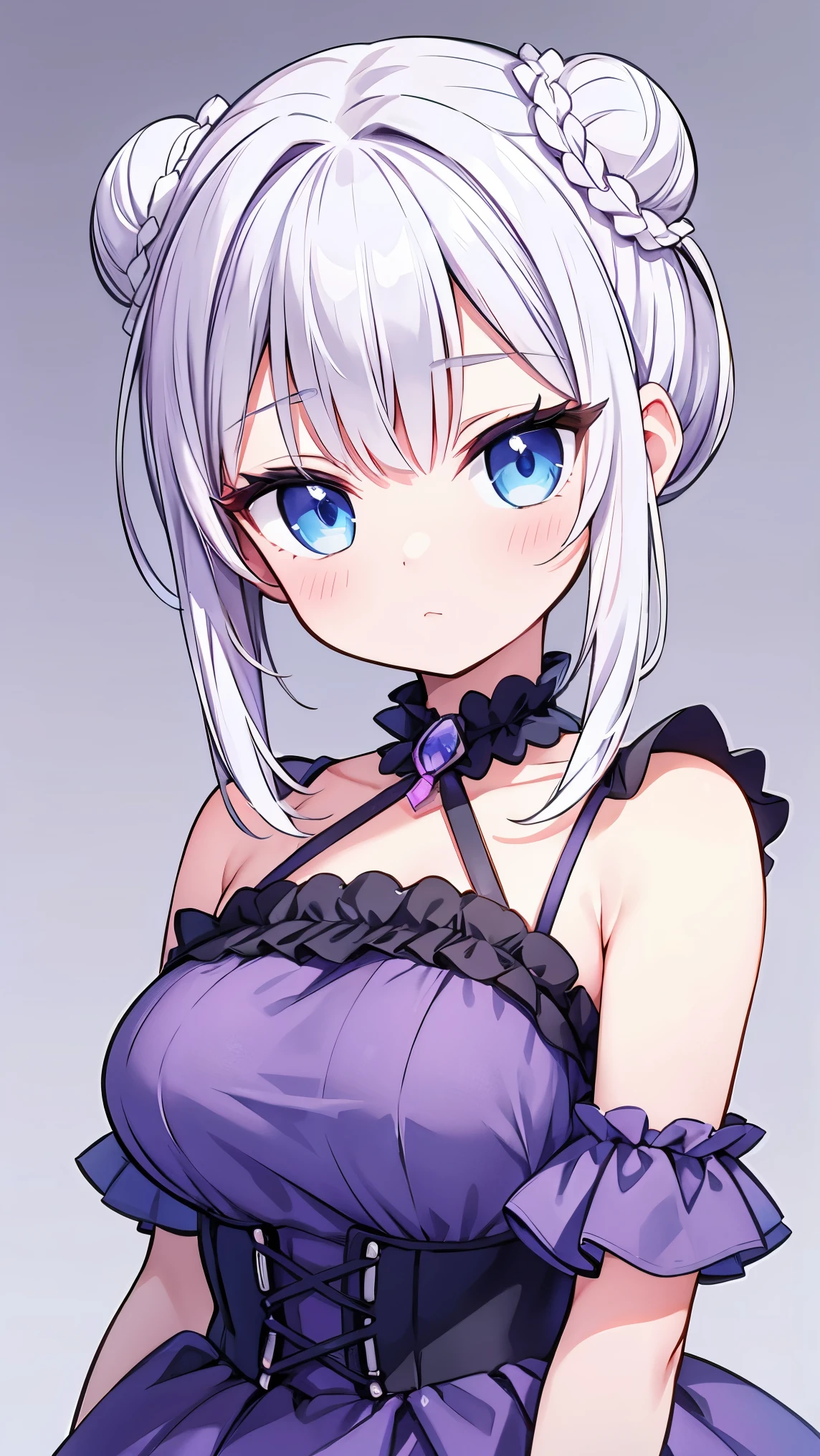 (Cowboy shot,girl1,round face,blue eyes),(white hair,double buns hairstyle),(purple princess dress,high neckline),standing,black wallpaper,Highly detailed ,8K wallpapers,high resolution, beautiful lighting,detailed shadow, high resolution،highly detailed,detailed faces and eyes,realistic eyes
