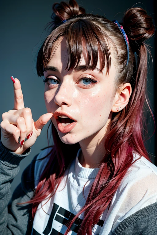 Maghla, une femme, veste, jouer à des jeux sur son ordinateur, regarder la caméra , slut creampie ahegao peace sign look dumb saliva tongue out arousal blush in heat