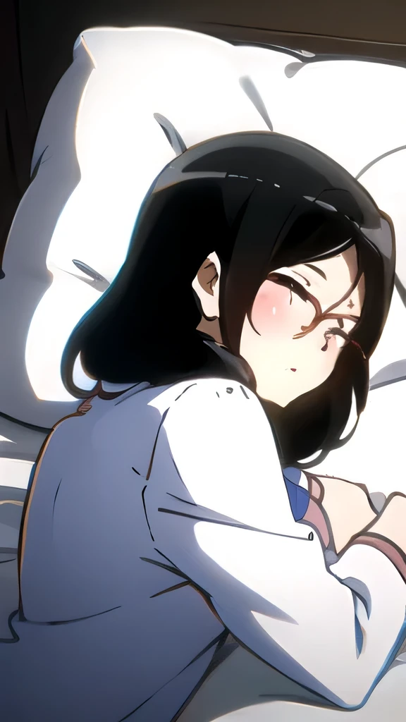 { masterpiece : best quality : high resolution : unity 8k wallpaper : illustration : beautiful detailed eyes : extremely detailed face : perfect lighting : extremely detailed CG : perfect hands : perfect ??????? } { nsfw : ?????? } { in a creepy dark bedroom : messy : dark environment } { Mochizuki Meiko : perfectly small shape breast : red glasses : perfectly fit body : white collar shirt with black necktie : black skirt : expressionless : blank Expression : blank eyes : motionless } { lying down : on the bed }