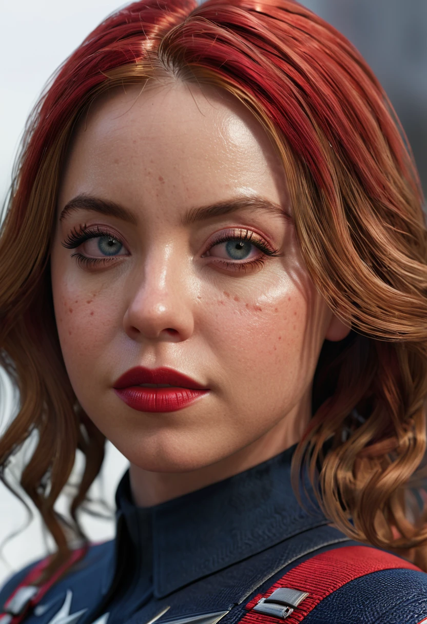 (masterpiece), (best quality), (photorealistic:1.3), 8k, detailed skin texture, detailed cloth texture, beautiful detailed face, intricate details, ultra detailed, Sydney Sweeney, Black Widow in the style of the Captain America, straight red hair, (full-length body:1.2)