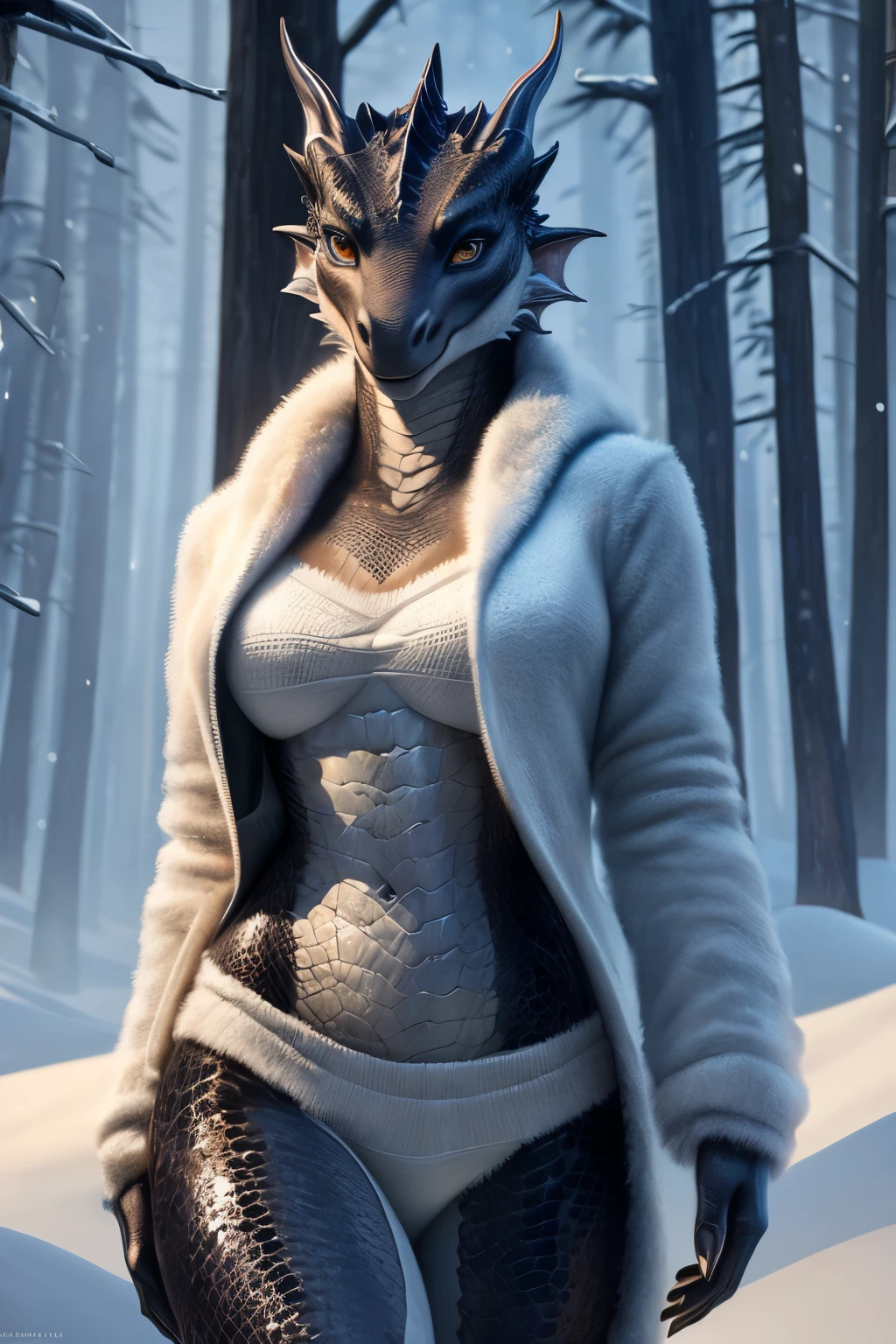 Portrait of a sexy character, adult, (female:1.4), (Anthro:1.2), The Dragon, female, Winter Fur White Clothing, Thin, it's empty here, photorealism, soft shading, introducing , (A detailed eye:1.1), beautiful eyes, (masterpiece:1.2), Detailed Face, good anatomy, Detailed scales, 1tail, tail, cinematic lighting, ultradetailed, professional photography, HDR, ........3D, realistic, cinematic, realistic, hyper detailed, max detail, Volumetric light, Author: subtract , Ross Tran, Michael & Inessa Garmash, Pinot Daeni, from Ruanjia, solo, (realistic scale, scale, realistic texture scale:1), Detailed background, Фотоrealistic, гиперrealistic, standing, exteriors, winter forest,