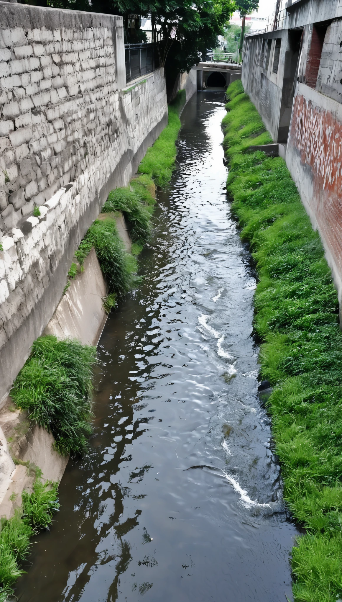 there is a small river that is running through a wall, water flowing through the sewer, river flowing through a wall, low camera angle at water level, twisted waterway, canal, waterway, water stream, with a river running through it, water flow, river running through it, small river, water line surface, stream of water, sewage