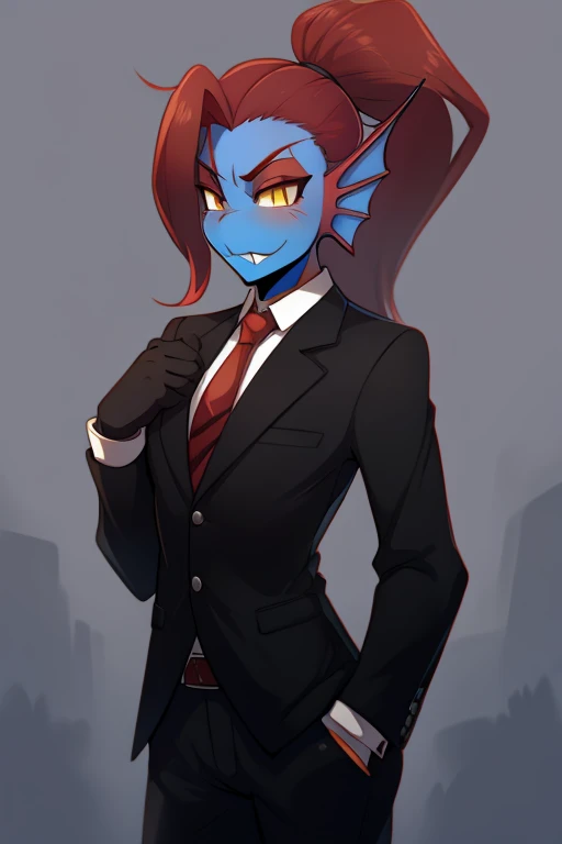 undyne the undying in a clean tidy black suit and tie jacket