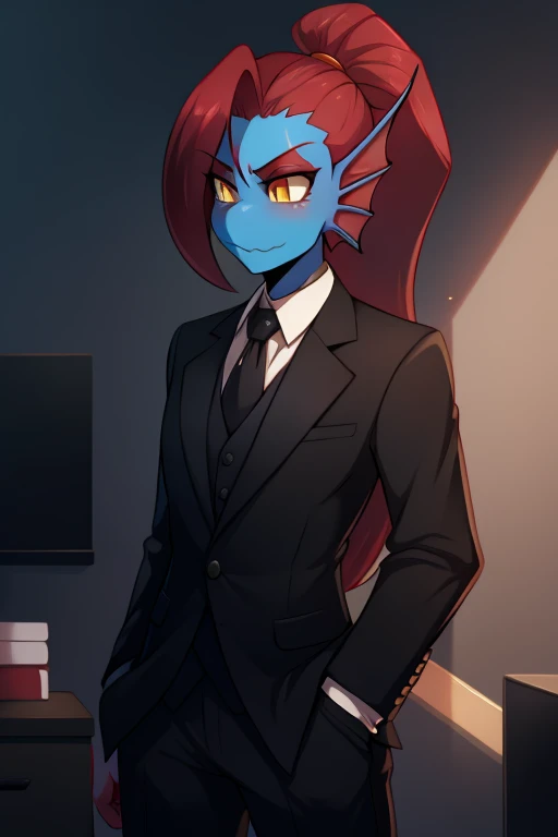 undyne the undying in a clean tidy black suit and tie jacket