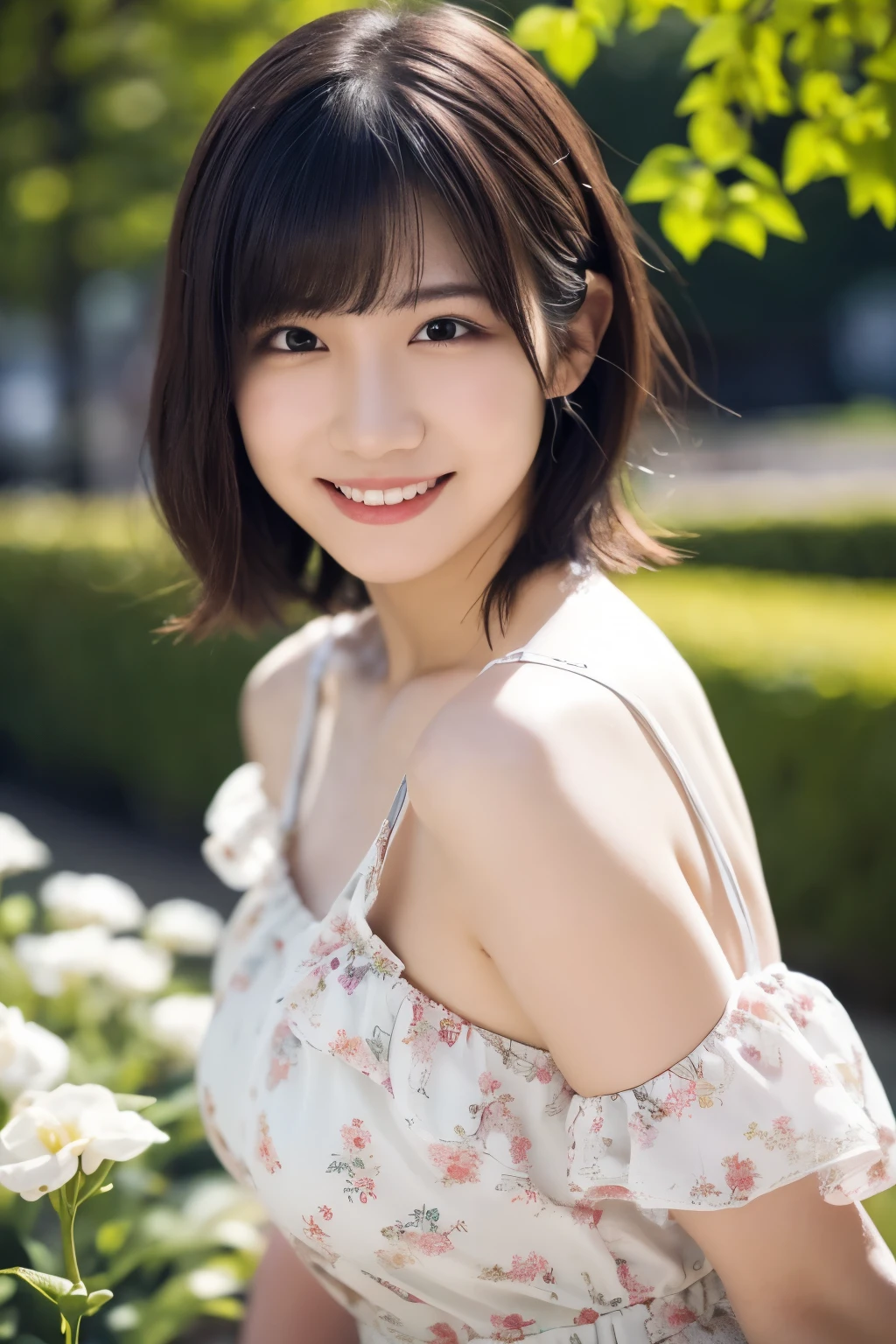 1 girl, (Wearing casual clothes for spring:1.2), Very beautiful Japanese idol portraits,
(Raw photo, highest quality), (Realistic, Photorealistic:1.4), (masterpiece),
Very delicate and beautiful, very detailed, 2k wallpaper, wonderful, finely, very detailed CG Unity 8K 壁紙, Very detailed, High resolution, Soft Light,
Beautiful detailed girl, very detailed目と顔, Beautifully detailed nose, finelyて美しい目, Cinematic lighting,
(in the garden:1.3),
(semi-short hair), (Parted bangs),
Complete Anatomy, Slender body, Small , smile