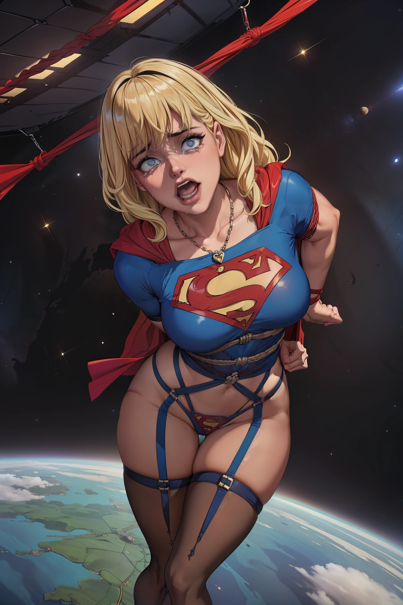 (((SUPERHEROINE SUPERGIRL esta vestindo lingerie rendada, lace pantyhose, calcinha rendada, She's barefoot))), (((She's in outer space))), ((Ela foi estuprada)), (SUPERGIRL in Earth Orbit, flutuando, lost in space, abandoned in outer space), (Ela's crying a lot, ela tem cabelo LOIRO, ela tem cabelo longo)), ((Ela wears a thick metal necklace around her neck)), (obra-prima, melhor qualidade) 1.5, 1 garota, sozinho, (sensual, mulher bonita, rosto perfeito, olhos perfeitos), corpo inteiro, tears running down your face)), ((SUPERGIRL em cativeiro, arms tied behind the back, Shibari, hands tied behind the back,painful restraint by ropes)
