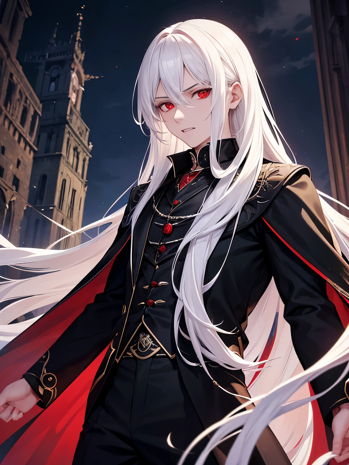 1 man,guy, 30 years old,Standing in the vampire palace,looking away,at night,vampire king, white hair, long hair, red eyes, black shirt, black pants, long robe, vampire teeth, in the vampire palace, ultra detail, perfect face, clear face, HD face,Ultra detailed face