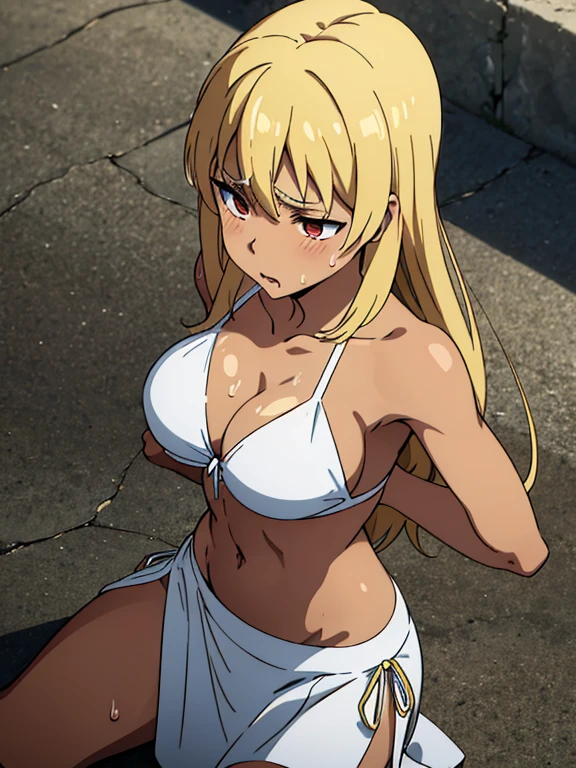 A tan-skinned anime girl lies on the ground, her ribs protruding from her emaciated body. She wears a triangle bikini top that covers her busts and long skirt, her hunger evident in the sweat beads that cover her skin. Rendered in a gritty, anime style.