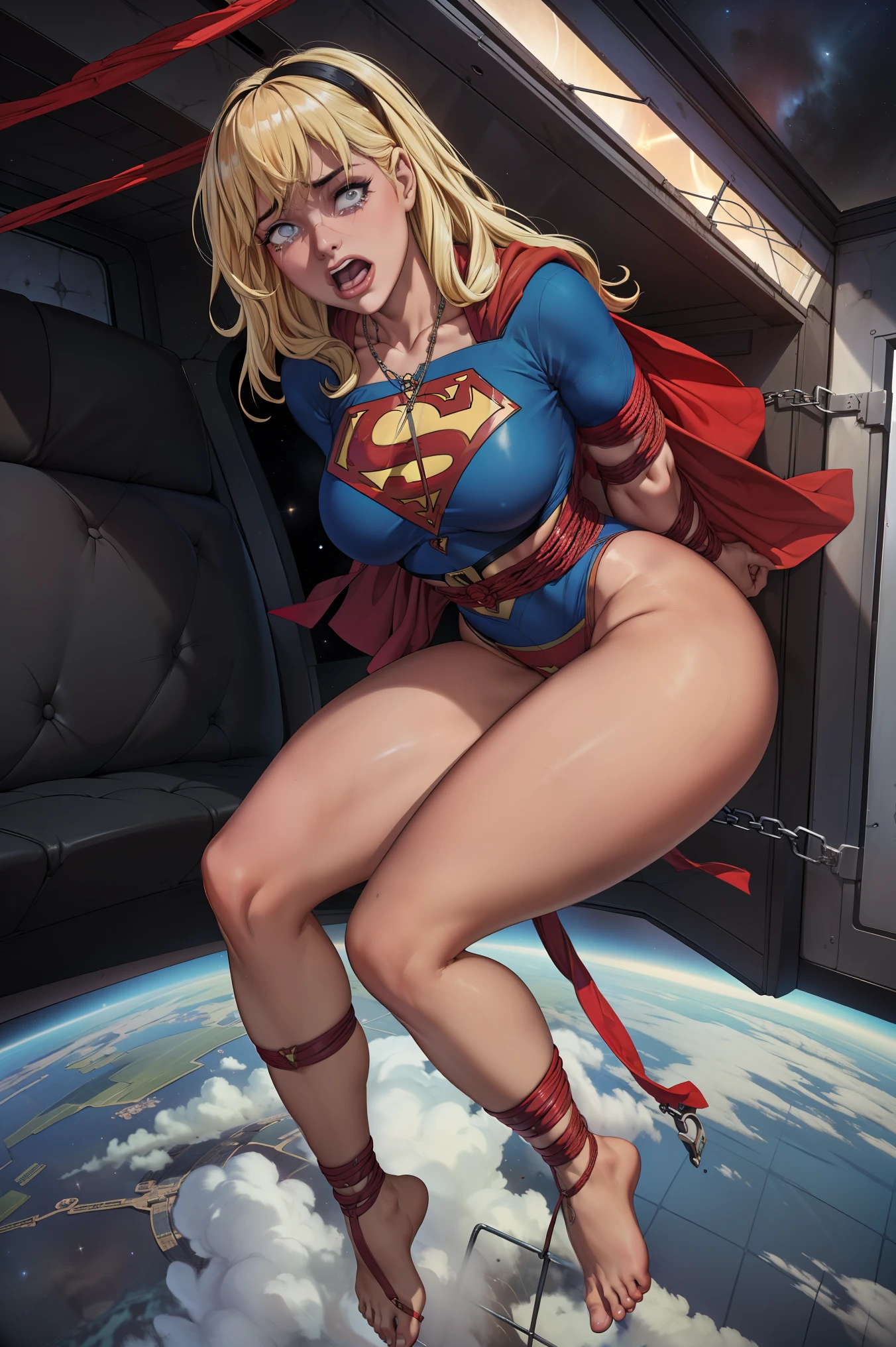 (((SUPERHEROINE SUPERGIRL esta vestindo lingerie rendada, lace pantyhose, calcinha rendada, She's barefoot))), (((She&#39;s in outer space))), ((Ela foi estuprada)), (SUPERGIRL in Earth Orbit, flutuando, lost in space, abandoned in outer space), (Ela's crying a lot, ela tem cabelo LOIRO, ela tem cabelo longo)), ((Ela wears a thick metal necklace around her neck)), (obra-prima, melhor qualidade) 1.5, 1 garota, sozinho, (sensual, mulher bonita, rosto perfeito, olhos perfeitos), corpo inteiro, tears running down your face)), ((SUPERGIRL em cativeiro, arms tied behind the back, Shibari, hands tied behind the back,painful restraint by ropes)