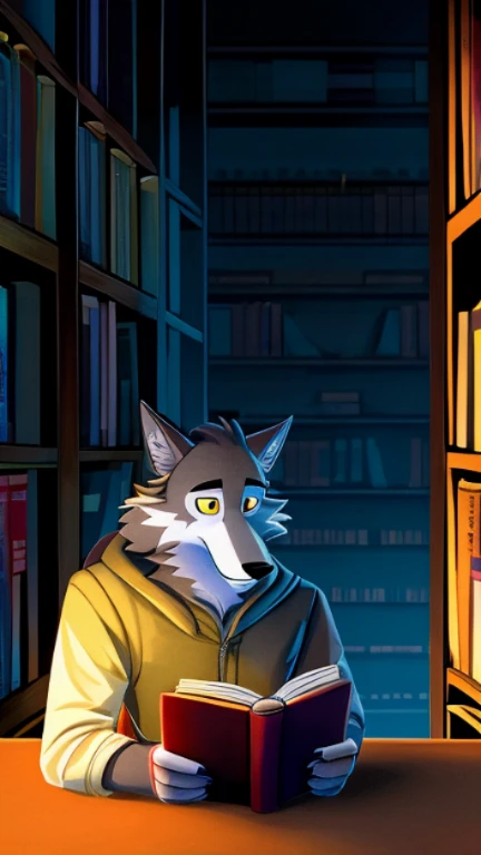 A furry wolf Wendell with fur with this design and detailed and is wearing something related to  a book reader in a library with dim soft detailed lighting ,