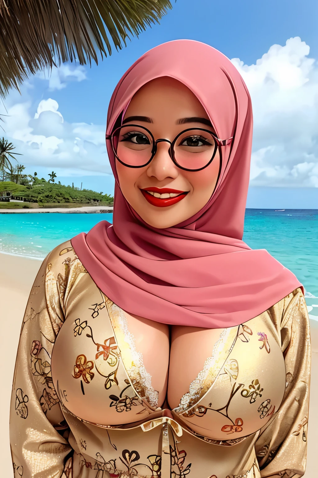 ((WEARING LINGERIE BRA)), Spectacles, Coats, Shiny Breasts, ((Hijab)), ((62 years old)), "Plumpers", ("Gold Hijab Floral pattern Naked"), "G-String & Thong", "Oki Setiana Dewi", ("Rainbow Hijab Floral pattern Naked"), Chubby Wearing Lace Bra & Short Hairy Pussy, "Facial expression in Happy Smile", "Rainbow", "Red Lips", "Bokeh", "Very Happy facial reaction", (Heavy Huge Breasts Tits), Background of beach bali, fat chubby, ((HEAVY NIPPLES)),