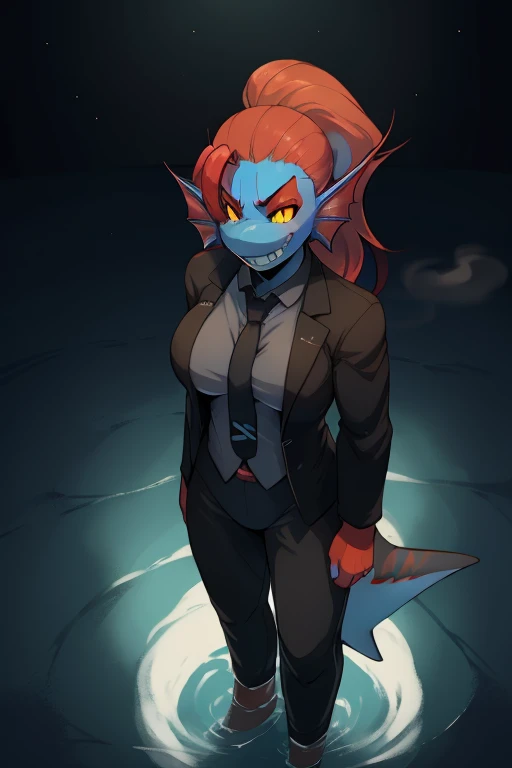 By bebebebebe, by lostgoose, by goonie-san, solo, female, ((shark)), ((snout, hair)), smirking wildly, toothy grin, glowing yellow eyeidnight, starry sky, dark lighting, dramatic shadows)), tall, massive, (looking down at viewer, reaching down towards viewer), big breasts, wetsuit, ((in ocean)), poison, Red hair, wearing a jacket with a smoke pattern on it, in black pants, hands in bandages, (((MMA fighter))), burn on left eye, working in a bar as a bartender in anime style, (((undyne the undying in a clean tidy black suit and tie jacket))