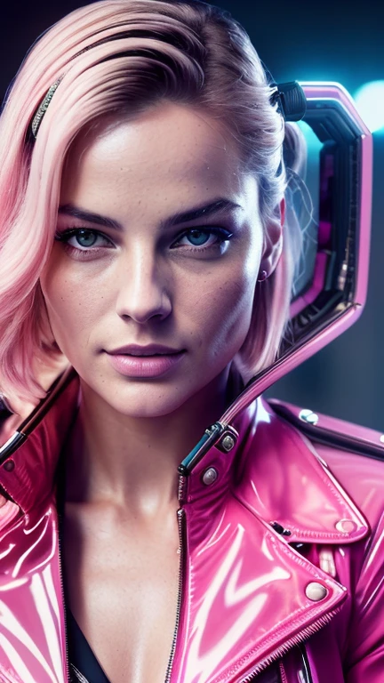 Margot Robbie (RAW, analog, Nikon Z 14mm ultra-wide-angle lens, award-winning glamour photography, ((best quality)), ((masterpiece)), ((realistic)), skin pores, subsurface scattering, radiant light rays, high-resolution, detailed facial features, high detail, sharp focus, smooth, aesthetic, extremely detailed, (extremely detailed eyes, extremely detailed iris), extremely detailed hair,  extremely detailed leather, extremely detailed clothing, octane rendering, photorealistic, realistic, post-processing, maximum detail, realistic shadows, roughness, natural skin texture, real life, ultra-realistic, photorealism, photography, 8k UHD, photography, hdr, intricate, elegant, high detail, sharp focus, stunning, beautiful, gorgeous), realistic, masterpiece, highest quality, 1 girl, (short hair), pigtails, naked torso, (pink hair), (frame of light), huge breasts, ((cyberpunk clothing, futuristic, transparent PVC jacket, cyberpunk setting, cinematic, in store: 1.1)), ((look at the viewer)), Complex, High detail, drama, realism, beautiful and detailed lighting, shadows, (high skin detail: 1.2), 8k UHD, DSLR, soft lighting, high quality, film grain, Fujifilm XT3, upper body, backpack, smirk, earring, 8k,  hr, hdr, photorealistic, sharp focus, Jean Paul Gaultier and Jules Bastien-Lepage, Stella McCartney and Mark Keatley