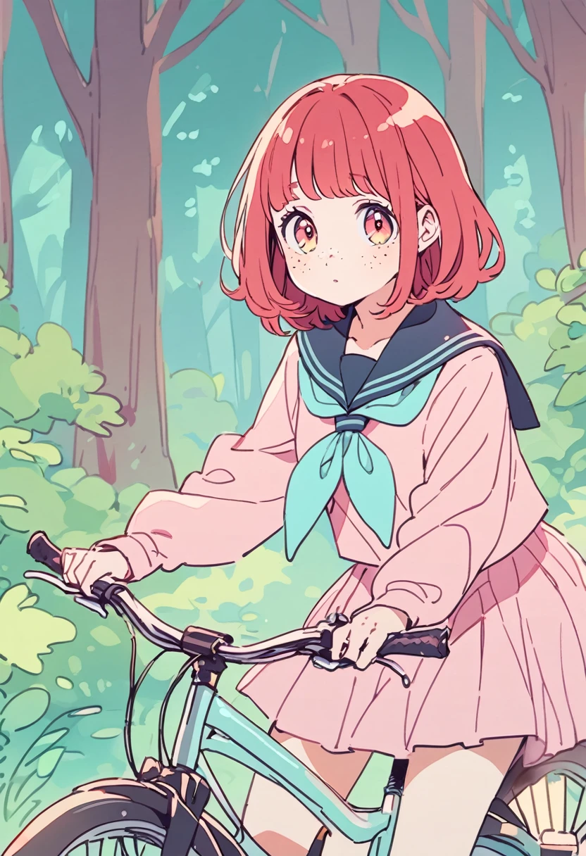 young girl(red hair, freckles, serafuku, big eyes), forest background, she rides her bike out of the forest, pastel color