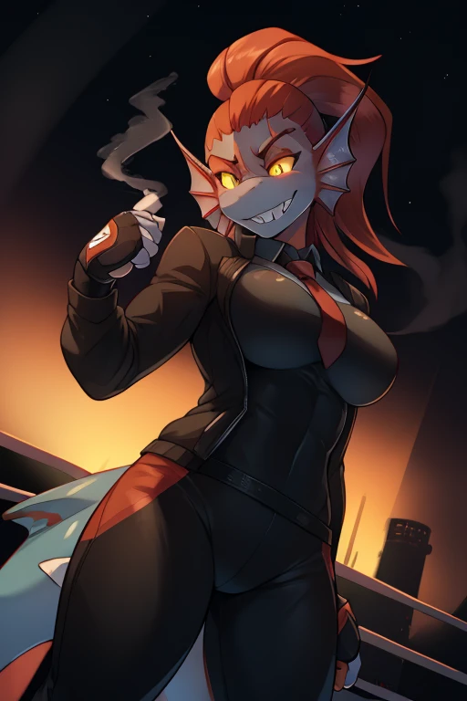 By bebebebebe, by lostgoose, by goonie-san, solo, female, ((shark)), ((snout, hair)), smirking wildly, toothy grin, glowing yellow eyeidnight, starry sky, dark lighting, dramatic shadows)), tall, massive, (looking down at viewer, reaching down towards viewer), big breasts, wetsuit, ((in ocean)), poison, Red hair, wearing a jacket with a smoke pattern on it, in black pants, hands in bandages, (((MMA fighter))), burn on left eye, working in a bar as a bartender in anime style, ((undyne)) the undying in a clean tidy black suit and tie jacket