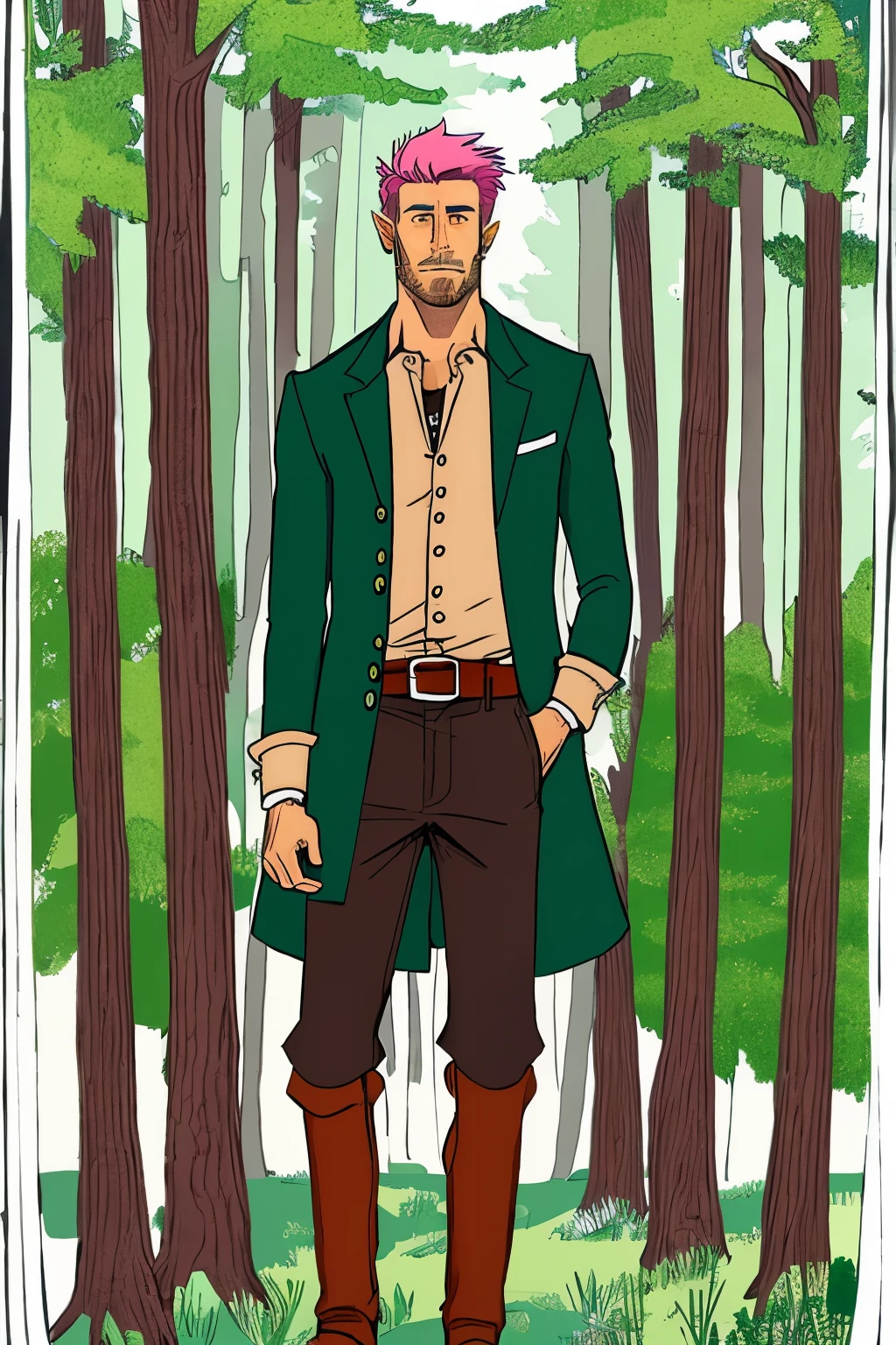 character design illustration of male wood elf in forest, magical background, short dark brown curly hair, tanned skin, leather clothing, green clothes, fantasy forest, many earrings, green eyes with a little pink, drawing,