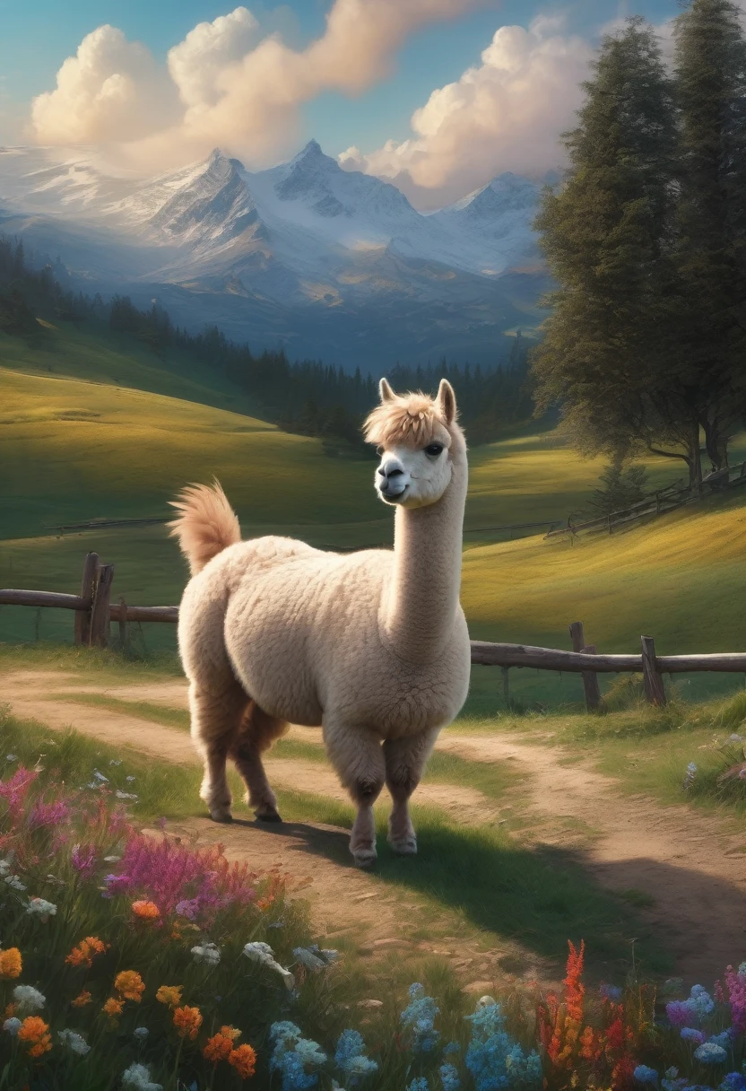 An Alpaca, aesthetic, (best quality,4k,8k,highres,masterpiece:1.2),ultra-detailed,(realistic,photorealistic,photo-realistic:1.37),alpaca,random actions,expressive face,dynamic body,playful interactions,natural environment,vibrant colors,soft lighting,adventurous spirit,curious exploration,gentle temperament,woolly coat,majestic presence,funny poses,whimsical expressions,mischievous behavior,peaceful scenery,grassy meadow,rolling hills,colorful flowers,blue skies,childlike innocence,joyful energy,creative imagination,unexpected surprises,endearing charm,fascinating movement,furry friend,memorable moments,rustic charm,lively atmosphere,delightful encounters,harmony with nature,simple pleasures,happy-go-lucky attitude,playful companionship,jovial spirit,captivating personality,heartwarming interactions,enchanting sight