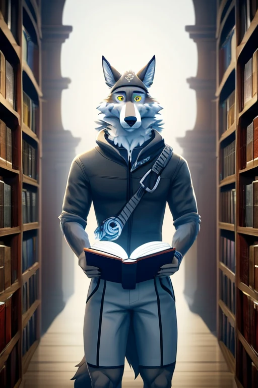 A furry wolf Wendell with fur with this design and detailed and is wearing something related to  a book reader in a library with dim soft detailed lighting ,artistic design, 