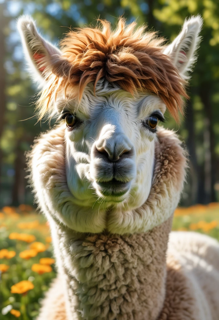 An Alpaca, aesthetic, (best quality,4k,8k,highres,masterpiece:1.2),ultra-detailed,(realistic,photorealistic,photo-realistic:1.37),woolly alpaca,comical actions,humorous situations,quirky poses,random antics,beautiful natural scenery,green pastures,sunny day,colorful flowers,epic landscapes,mythical creatures,enchanted forests,dreamlike ambiance,soft sunlight,bright and vivid colors,playful expressions,curious eyes,fluffy fur,cartoonish style,dynamic composition,whimsical atmosphere.