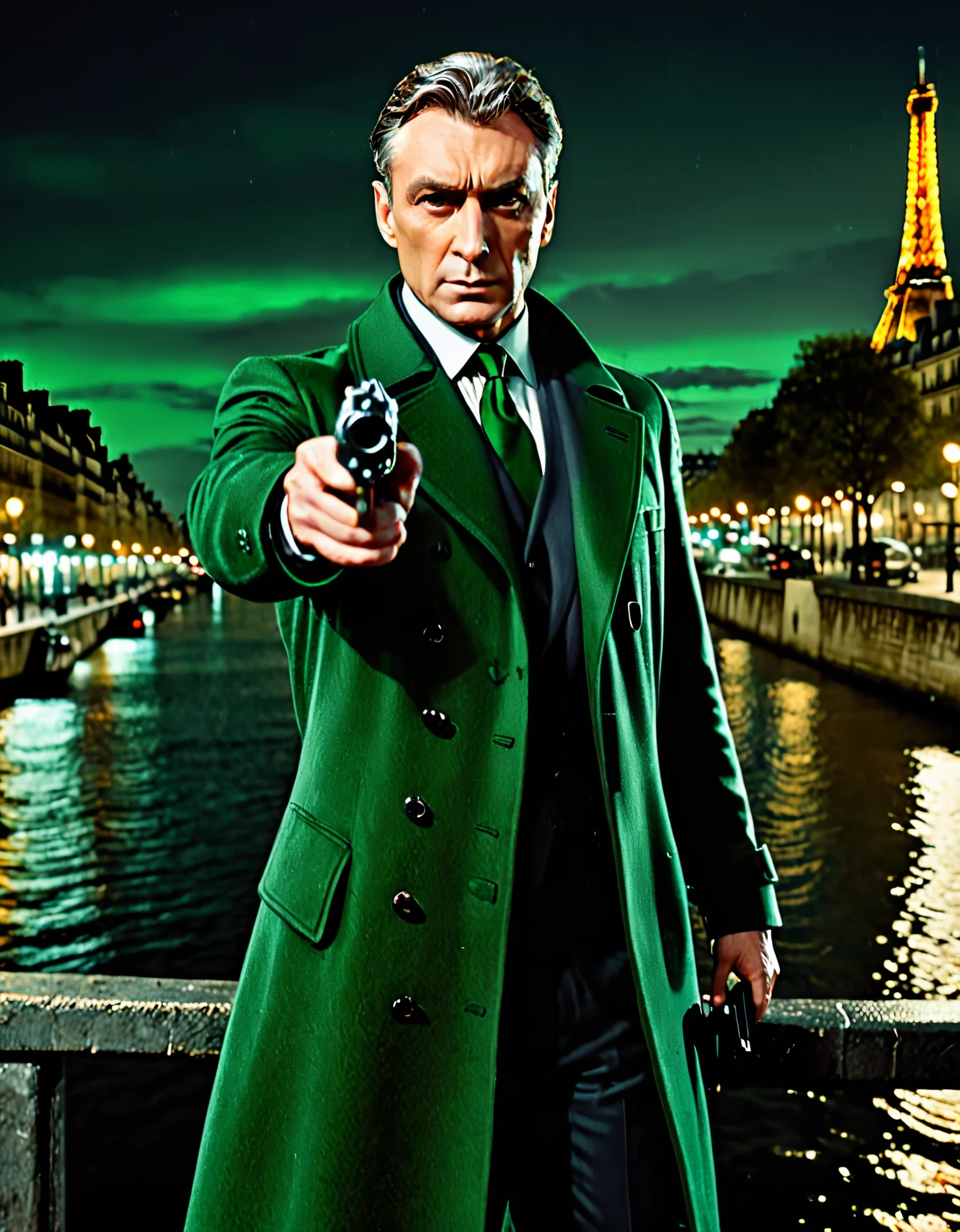 masterpiece, best quality, hyper detailed, ultra detailed, 1man, solo, solo focus, arafed french man in a coat, (pointing pistol at the viewer, glock17), tall body, middle-aged man, professional, relaxed but determined, serious but cool, he's a hitman in peacoat, he is wearing a green trenchcoat, darkgreen suit and tie, slacks, black dress shoes, full body and head shot, full body shoot, full-body-shot, fullbody shot, dock, paris, night backdrop, film noire atmosphere, reddish grey hair, green eyes, hair over one eye, secret agent, spy, midnight, noir lighting.