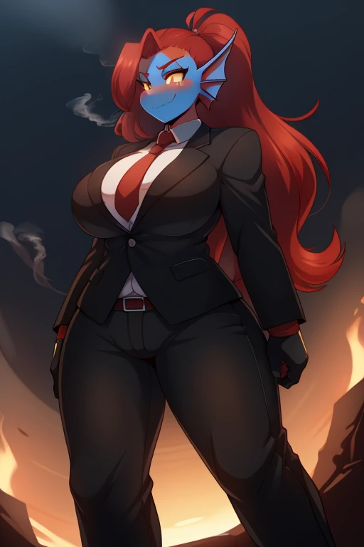 undyne the undying in a clean tidy black suit and tie jacket, Red hair, wearing a jacket with a smoke pattern on it, in black pants, hands in bandages, (((MMA fighter))),  in anime style, bbw, Female, One, perspective front view, Huge ass, blushing, CHUBBY, Big breasts, tranquility, paws, low angle, Holding the chest, large areolas, soft smile, long curly, lush, voluptuous, thick