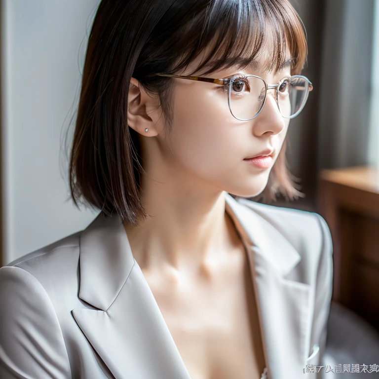 I'is working、sexy、Inconspicuous、quiet、beautiful girl、Japanese、Beautiful breasts、Short Bob、suit、Round face、thin, Round glasses with silver rims、job hunting、Big Breasts,Ultra-Realistic Capture, Very detailed, High resolution 16K human skin closeup. Skin texture must be natural, So detailed you can even see pores. Skin looks healthier, In a uniform tone. Use natural light and color,(RAW Photos, highest quality), highest quality, Very detailed, masterpiece, Very detailed,lie on bed