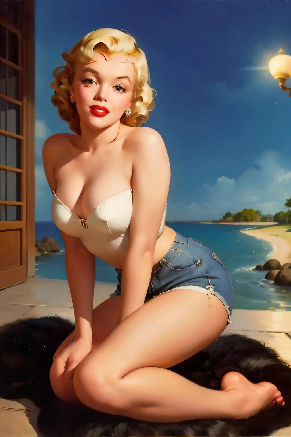 ((Marilyn Monroe)), 20 anos, STANDING, corpo todo, vintage,  retro pin-up style,sensual, sitting on the floor, Medium chest, calcinhas, Pernas separadas, pele brilhante, luz de aro,  mouth Oh, Surpreso, jeans, camisa regata branca,  Colorida , obras-primas, ilustrado,, Venus de botticelli