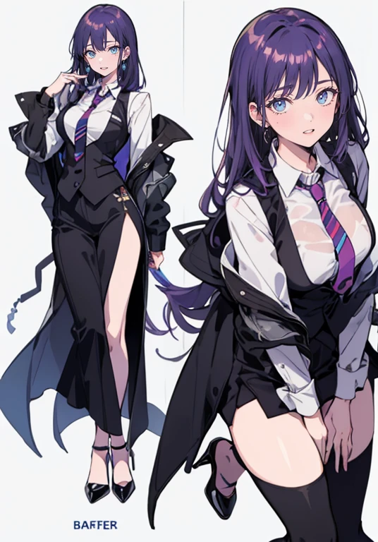((Perfect Face)),Purple Hair,voluminous long hair,1 female,bartender,suit,Black vest,Shirt with rolled up sleeves,tie,slit,High heels,,((Simple Background)),smile,((whole body)),((whole body)),Portraiture,virtual,upright,,both arms are down,Standing upright with face and body facing forward,