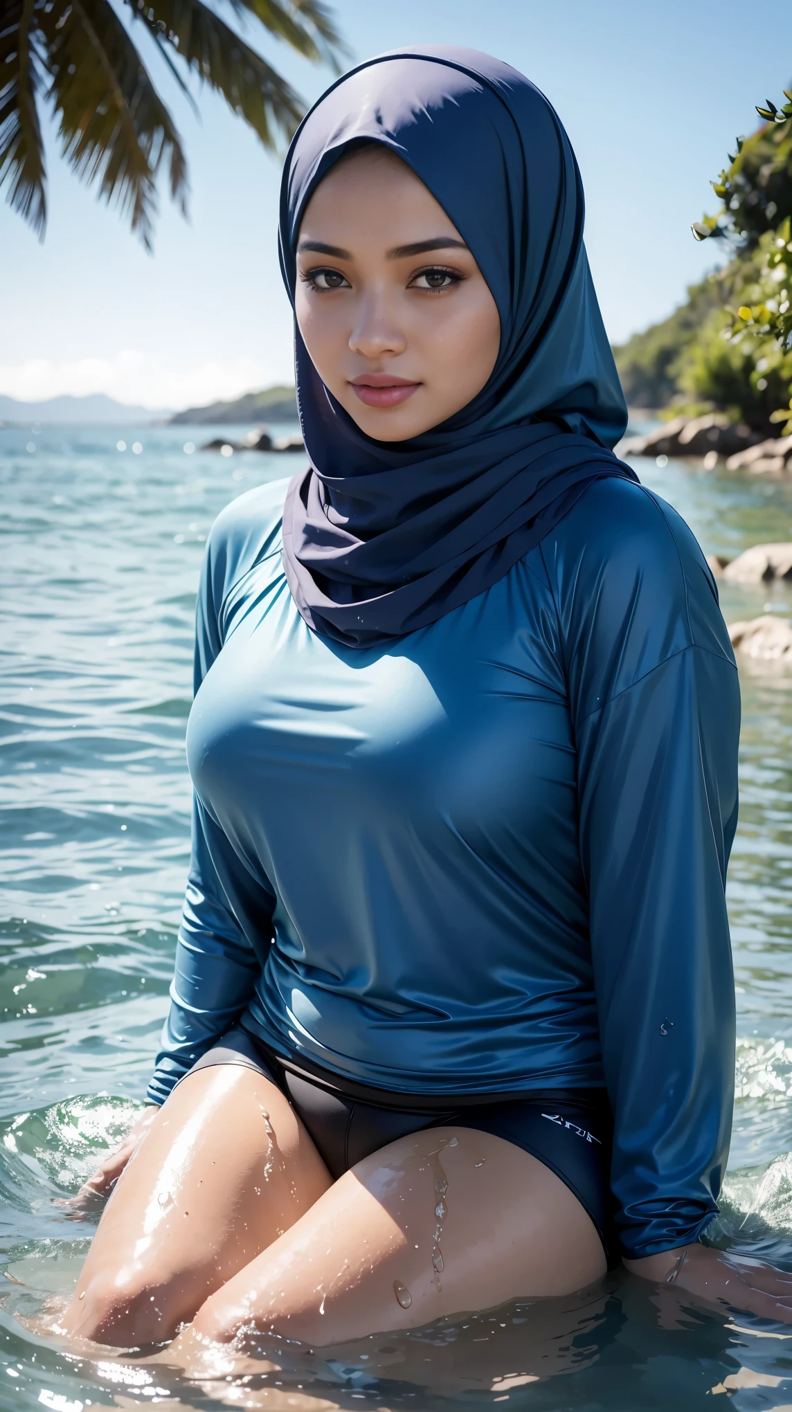 RAW, Best quality, high resolution, masterpiece: 1.3), Beautiful Malay woman in hijab (iu:0.8), Masterpiece: 1.3, Beautiful hijabi Malay girl with a soft smile, Masterpiece: Serene Malay woman in hijab sitting in the water, Bright sunshine illuminating her pastel-colored hijab, High resolution and 4K HDR capture every detail, Realistic representation of photorealistic sweat skin and wet clothes, Woman's full body submerged, soaked and dripping, Big breasts accentuated by the clingy hiking clothes, Pullover and long