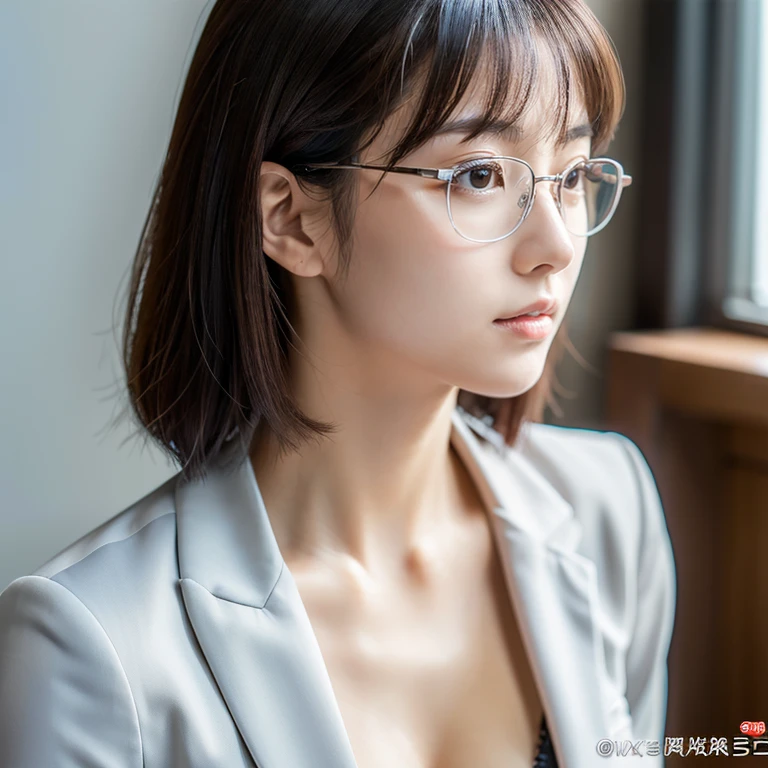 Looking this way、I&#39;is working、sexy、Inconspicuous、quiet、beautiful girl、Japanese、Beautiful breasts、Short Bob、suit、Round face、thin, Round glasses with silver rims、job hunting、Big Breasts,Ultra-Realistic Capture, Very detailed, High resolution 16K human skin closeup. Skin texture must be natural, So detailed you can even see pores. Skin looks healthier, In a uniform tone. Use natural light and color,(RAW Photos, highest quality), highest quality, Very detailed, masterpiece, Very detailed