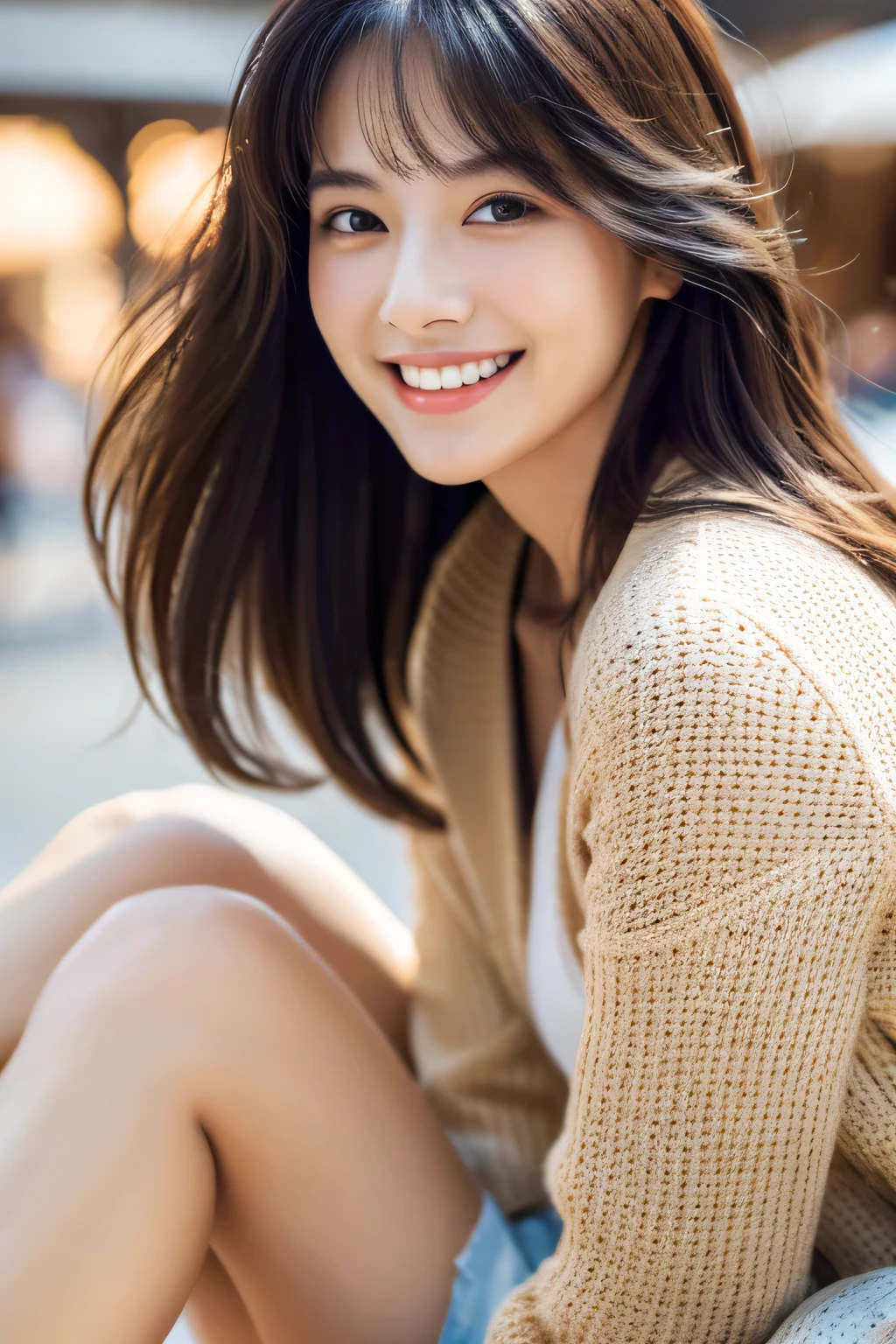 highest quality, realistic, Super detailed, finely, High resolution, 8k wallpaper, 1 beautiful woman,, tied hair, sharp focus, perfect dynamic composition, detailed and beautiful eyes, fine hair, Detailed and realistic skin texture, smile、beautiful legs、Shopping、Chatting、happy expression
