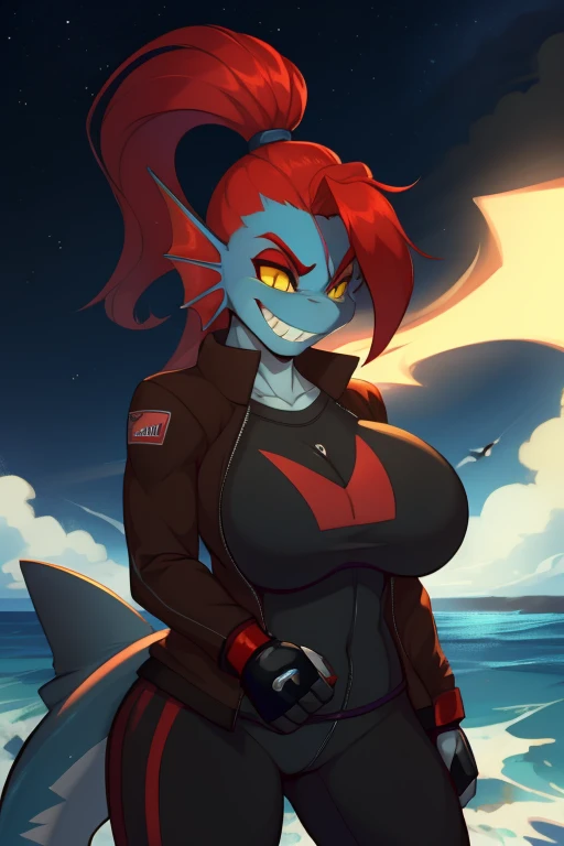 By bebebebebe, by lostgoose, by goonie-san, solo, female, ((shark)), ((snout, hair)), smirking wildly, toothy grin, glowing yellow eyeidnight, starry sky, dark lighting, dramatic shadows)), tall, massive, (looking down at viewer, reaching down towards viewer), big breasts, wetsuit, ((in ocean)),  poison, Red hair, wearing a jacket with a smoke pattern on it, in black pants, hands in bandages, (((MMA fighter))),  in anime style, ((undyne)) 