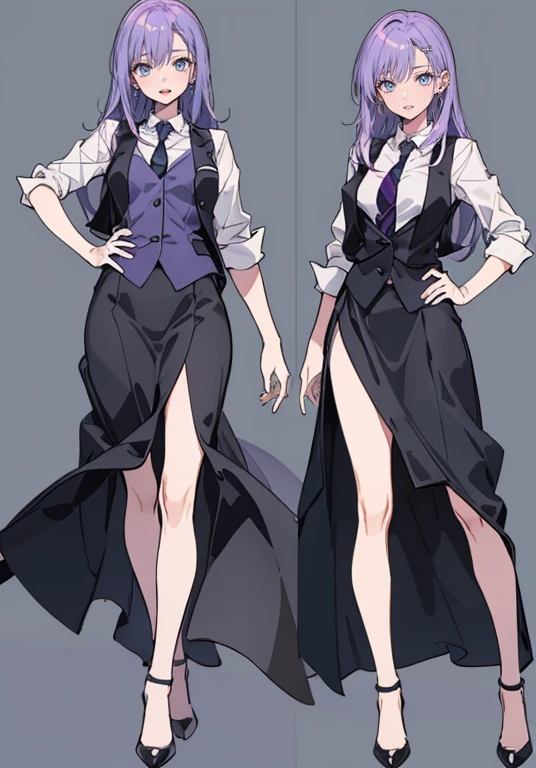 ((Perfect Face)),Purple Hair,voluminous long hair,1 female,bartender,suit,Black vest,Shirt with rolled up sleeves,tie,slit,High heels,,((Simple Background)),smile,((whole body)),((whole body)),Portraiture,virtual,upright,,both arms are down,Standing upright with face and body facing forward,