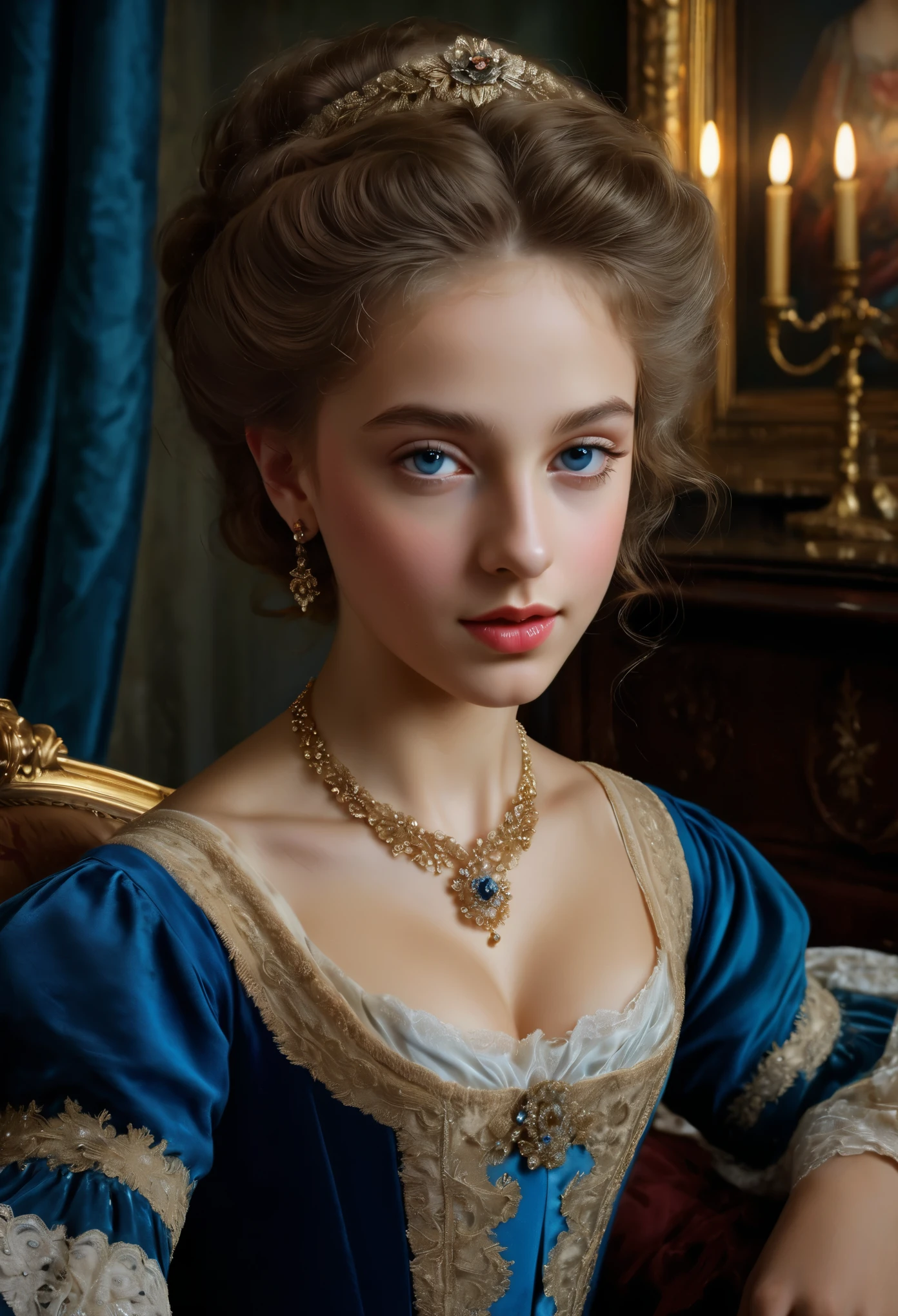 (highres,masterpiece:1.2),(realistic:1.37)A portrait of a Jewish girl in the 18th century with unparalleled beauty. She has mesmerizing blue eyes and delicate rosy lips. The portrait is meticulously detailed, capturing every subtle nuance of her features. She is adorned in an exquisite silk gown, embellished with intricate lace and delicate embroidery. The painting showcases the opulence of the era, with lush velvet curtains and gilded furniture in the background. The lighting is soft and diffused, accentuating the girl's ethereal beauty. The colors are vibrant and rich, creating a captivating visual experience. The portrait is created in the style of classical portraiture, reminiscent of the works of renowned artists from the era. It exudes elegance, grace, and sophistication.