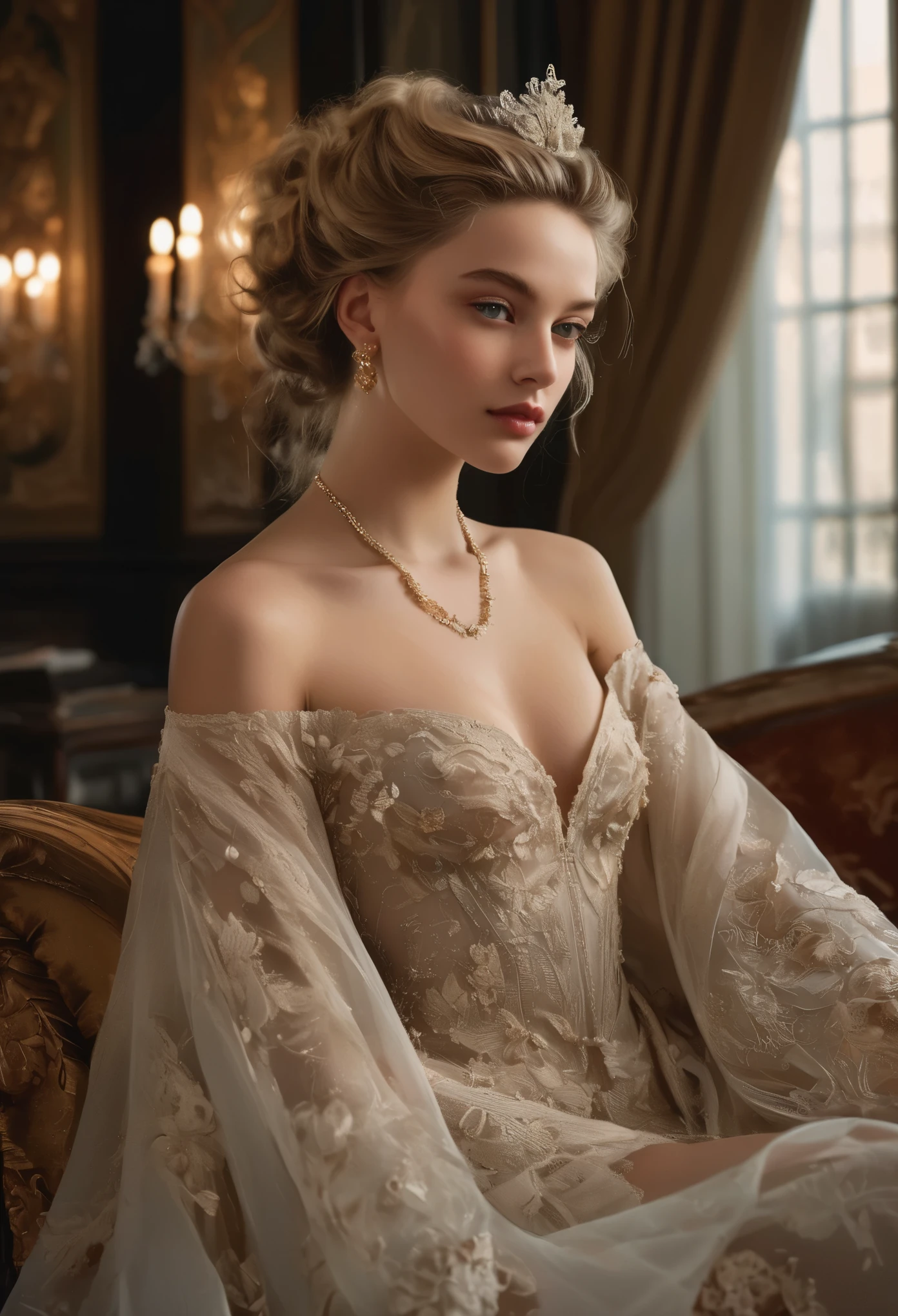 (best quality,4k,8k,highres,masterpiece:1.2),ultra-detailed,(realistic,photorealistic,photo-realistic:1.37), In the dimly lit parlor of a lavish Georgian townhouse, the young courtesan sits poised upon a plush velvet settee, her delicate form draped in the finest silks of the era. At 18 years old, she possesses an ethereal beauty that captivates all who gaze upon her portrait.
Her porcelain complexion is flawlessly illuminated by the soft glow of candlelight, casting a gentle radiance upon her features. Cascading curls of golden blonde hair frame her face, each ringlet meticulously coiffed to perfection, accentuating her elegant neckline.
Her piercing sapphire eyes, framed by long, fluttering lashes, hold a depth of allure and mystery, hinting at the secrets concealed within her captivating gaze. A subtle flush adorns her cheeks, betraying a hint of youthful innocence beneath her worldly exterior.
Adorned in a gown of sumptuous satin and lace, the intricate embroidery and fine detailing speak to her status as a woman of refinement and luxury. The fabric drapes gracefully over her slender form, hinting at the curves beneath while leaving much to the imagination.
In her delicate hand, she holds a single rose, its petals unfurling in a display of natural beauty that mirrors her own. The faint scent of jasmine lingers in the air, adding to the sensory allure of the scene.
Despite her profession, there is an undeniable air of sophistication and grace that surrounds her, elevating her beyond mere mortal beauty to the realm of timeless artistry. In her portrait, she is not merely a courtesan, but a vision of elegance and allure that transcends the confines of her time.