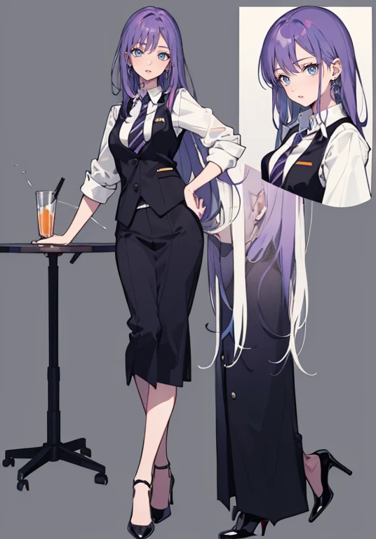 ((Perfect Face)),Purple Hair,voluminous long hair,1 female,bartender,suit,Black vest,Shirt with rolled up sleeves,tie,High heels,,((Simple Background)),smile,((whole body)),((whole body)),Portraiture,virtual,upright,,both arms are down,Standing upright with face and body facing forward,