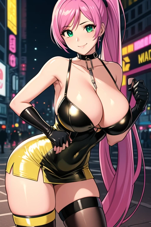 1 girl, 19 years old, Long pink hair, green eyes with slit pupils, master-piece, best quality, (standing up), (hair in a ponytail), (yellow tight dress), (yellow short fishnet dress, black gloves, patent leather high heel boots, cleavage),  (Big , ultra gigantic , Super super big, Glamorous body), Make eye contact with the camera, front figure, looking forward, (light_Smile:1.5), (Detailed hands and fingers:1.2) (Cyberpunk City), (FULL BODYSHOT), thighs thighs thighs thighs、beauty legs、Bare legs