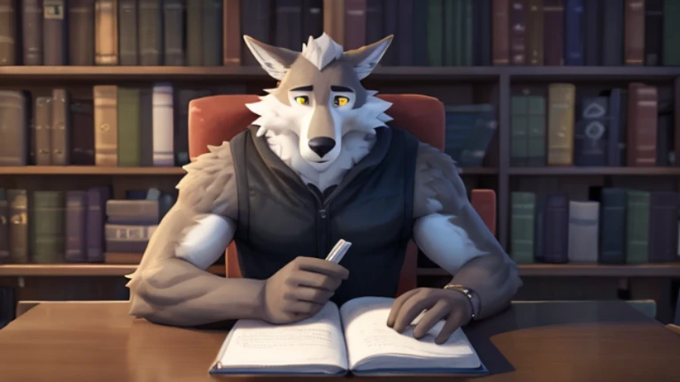 best quality,4k,ultra-detailed,realistic,portrait,wolf,Wendell,furry,book reader,library,dim soft detailed lighting,cozy atmosphere,bookshelves,comfortable library chair,warm colors,peaceful,relaxing,A-level, 3d render, high quality digital art, wearing no clothing, detailed eyes, good anatomy, good perspective, towards viewer, by bebebebebe, by sicklyhypnos, by gerkk, by orf, big muscles and arms, muscular, solo, cartoon, male, muscular build, holding book, looking smart 