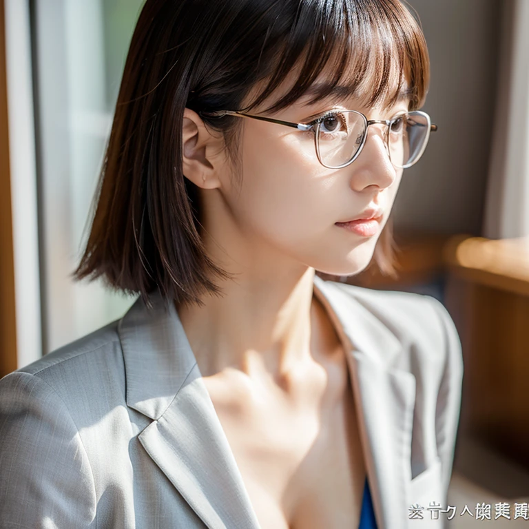 Hair is stiff、I'is working、sexy、Inconspicuous、quiet、beautiful girl、Japanese、Beautiful breasts、Short Bob、suit、Round face、thin, Round glasses with silver rims、job hunting、Big Breasts,Ultra-Realistic Capture, Very detailed, High resolution 16K human skin closeup. Skin texture must be natural, So detailed you can even see pores. Skin looks healthier, In a uniform tone. Use natural light and color,(RAW Photos, highest quality), highest quality, Very detailed, masterpiece, Very detailed