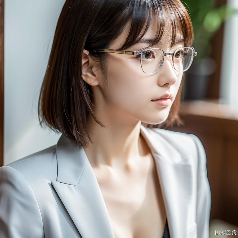 Hair is stiff、I'is working、sexy、Inconspicuous、quiet、beautiful girl、Japanese、Beautiful breasts、Short Bob、suit、Round face、thin, Round glasses with silver rims、job hunting、Big Breasts,Ultra-Realistic Capture, Very detailed, High resolution 16K human skin closeup. Skin texture must be natural, So detailed you can even see pores. Skin looks healthier, In a uniform tone. Use natural light and color,(RAW Photos, highest quality), highest quality, Very detailed, masterpiece, Very detailed