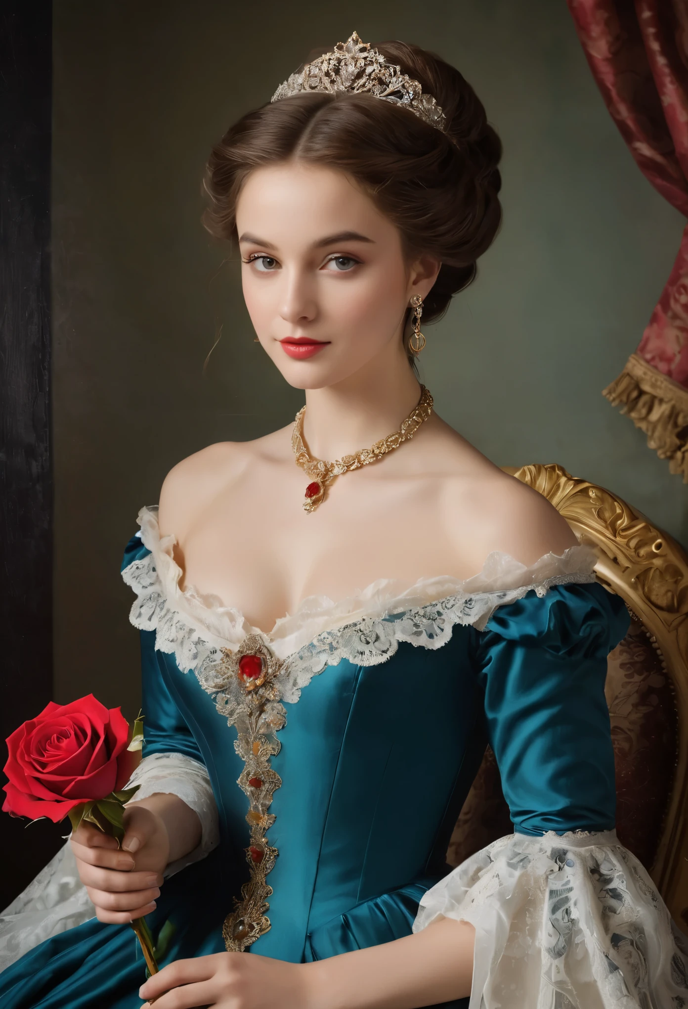 Set against the backdrop of a lavish Victorian parlor, the portrait captures the arresting presence of a young woman who, at the tender age of 20, held sway over the hearts and desires of England's elite youth. Yet, unlike conventional depictions of innocence and virtue, this portrait boldly emphasizes her profession as a courtesan, showcasing her allure and power over those who sought her company.
The courtesan's features are a study in mesmerizing contrasts: her porcelain skin, flawless and radiant, bears the faintest traces of rouge, a subtle reminder of her artful mastery in the art of seduction. Her lips, painted a deep crimson, part slightly in a suggestive smile that hints at the pleasures she offers to those willing to indulge.
Her eyes, pools of dark obsidian, hold a captivating depth that draws the viewer in, promising both intimacy and intrigue. Behind their veiled allure lies a wisdom far beyond her years, a testament to the experiences that have shaped her into a woman of irresistible allure.
Clad in a gown of sumptuous velvet and lace, the fabric clings to her curves in a provocative embrace, leaving little to the imagination. Yet, it is not merely the lavishness of her attire that captivates, but the confidence with which she wears it, a silent declaration of her power and autonomy in a society that seeks to confine and control.
In her hand, she holds a single scarlet rose, its petals unfurled in a silent invitation to those who dare to approach. It is a symbol of her trade, a token of desire offered freely to those who can afford the price of her affections.
This portrait is not merely a celebration of beauty, but a bold assertion of agency and independence in a world that seeks to diminish and objectify. In the courtesan's gaze, there is a defiance that cannot be ignored, a challenge to the conventions of society that seeks to confine her within narrow confines of morality and virtue.





