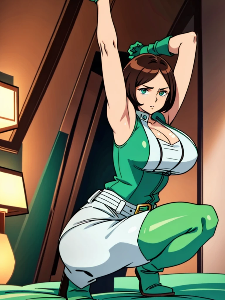 (masterpiece), (best quality),(emmasheen), 1woman,solo, short hair,brown hair,green eyes, jacket,uniform,sleeveless, green gloves, belt,white pantyhose, green footwear,boots,volumetric lighting,mature female, blushing, huge breasts, thick body,(spread legs wide:1),(arms behind head:1), (in the hotelroom), (Squatting on the bed:1.2),full body ass cleavage,by odanon