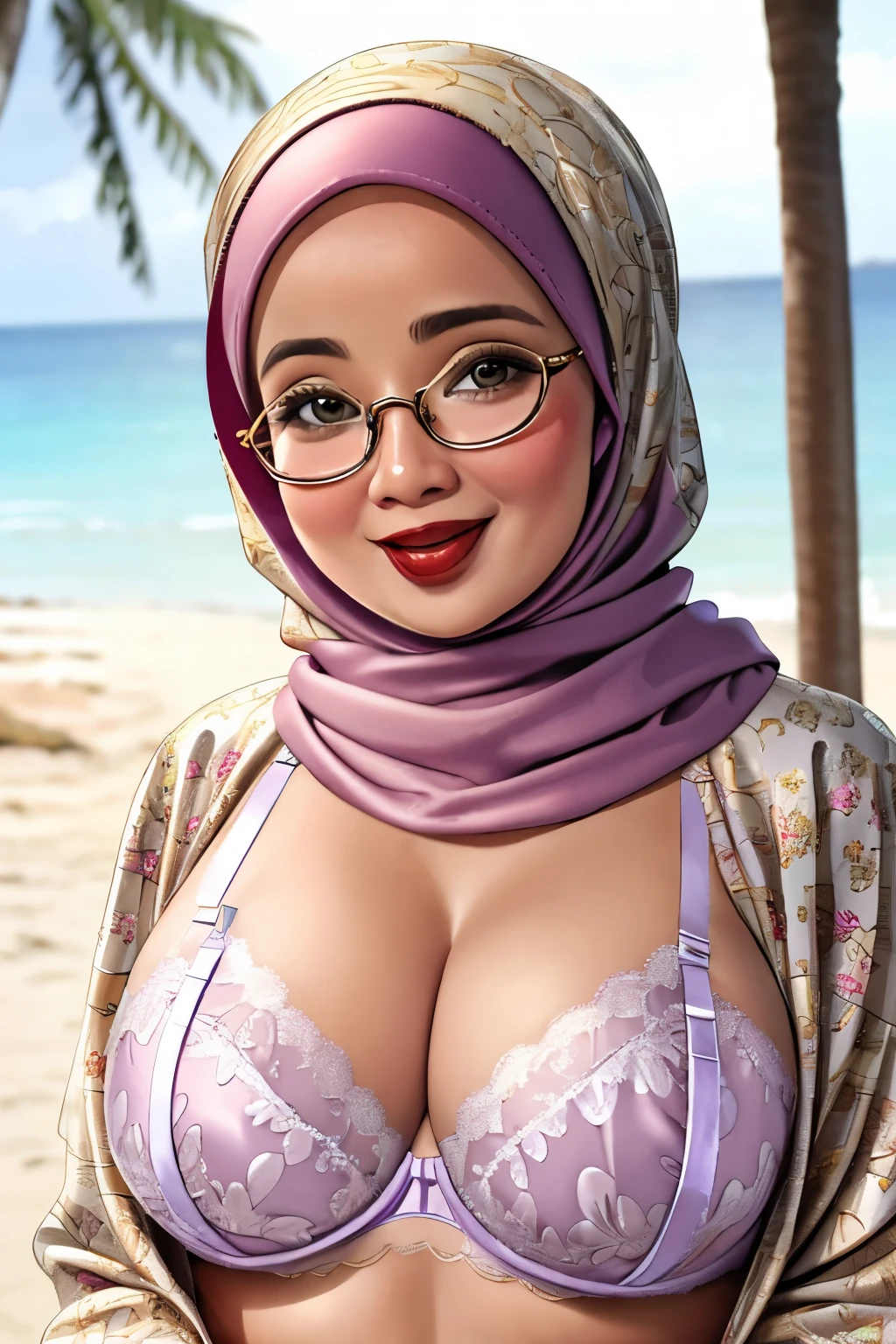 ((WEARING LINGERIE BRA)), Spectacles, Coats, Shiny Breasts, ((Hijab)), ((62 years old)), "Plumpers", ("Gold Hijab Floral pattern Naked"), "G-String & Thong", "Oki Setiana Dewi", ("Rainbow Hijab Floral pattern Naked"), Chubby Wearing Lace Bra & Short Hairy Pussy, "Facial expression in Happy Smile", "Rainbow", "Red Lips", "Bokeh", "Very Happy facial reaction", (Heavy Huge Breasts Tits), Background of beach bali, fat chubby, ((HEAVY NIPPLES)),