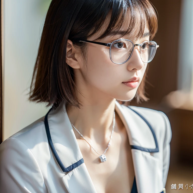 Hair is stiff、necklace、I&#39;is working、sexy、Inconspicuous、quiet、beautiful girl、Japanese、Beautiful breasts、Short Bob、suit、Round face、thin, Round glasses with silver rims、job hunting、Big Breasts,Ultra-Realistic Capture, Very detailed, High resolution 16K human skin closeup. Skin texture must be natural, So detailed you can even see pores. Skin looks healthier, In a uniform tone. Use natural light and color,(RAW Photos, highest quality), highest quality, Very detailed, masterpiece, Very detailed