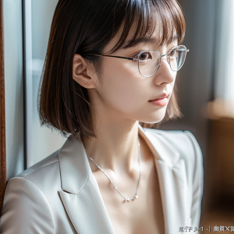 Hair is stiff、necklace、I'is working、sexy、Inconspicuous、quiet、beautiful girl、Japanese、Beautiful breasts、Short Bob、suit、Round face、thin, Round glasses with silver rims、job hunting、Big Breasts,Ultra-Realistic Capture, Very detailed, High resolution 16K human skin closeup. Skin texture must be natural, So detailed you can even see pores. Skin looks healthier, In a uniform tone. Use natural light and color,(RAW Photos, highest quality), highest quality, Very detailed, masterpiece, Very detailed