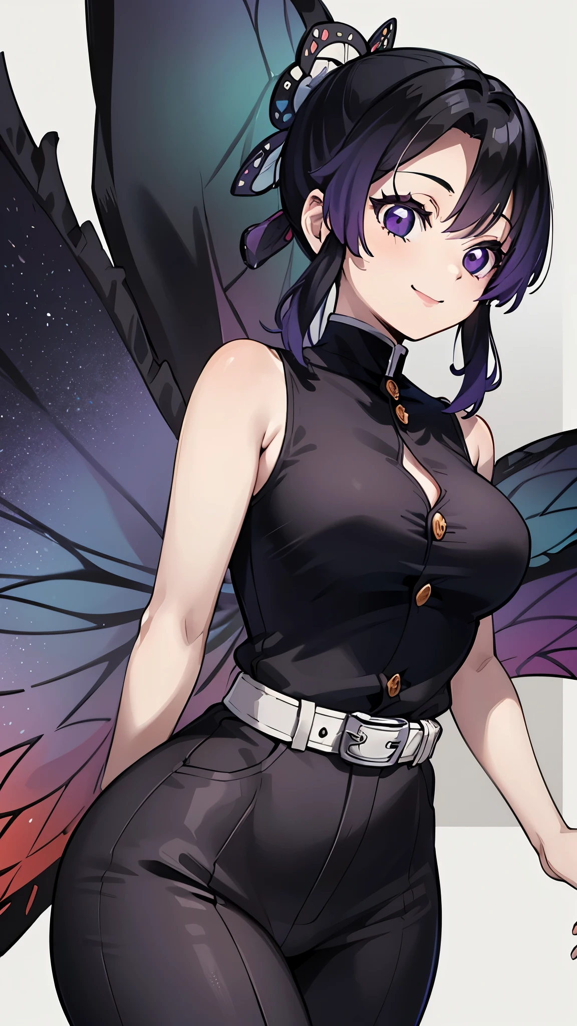 kochou shinobu, 1 girl, alone, multicolored hair, ((image from behind)), no bangs, THICC ASS ,hair clips, purple eyes, full body dress, black tight dress, black pants, belt, ((best quality)), ((very detailed)), masterpiece, absurdities, (detailed eyes, deep eyes), detailed pupils, 1woman,(happy:1.1),(smile:1.2),bright face, narrow waist, thicc hips, wide thighs