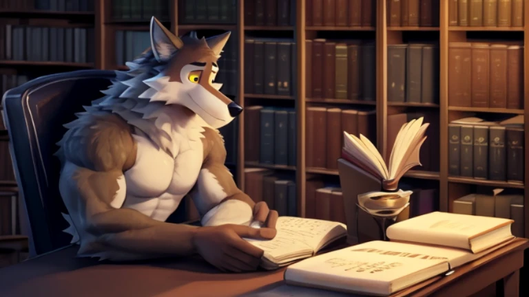 A fursuit Fox male muscular an Indian wearing tribal clothing tattoos blue eyes orange fur background of a village looking at a book completely concentrated it appears to be a hentai book.