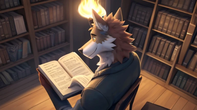 best quality,4k,ultra-detailed,realistic,portrait,wolf,Wendell,furry,book reader,library,dim soft detailed lighting,cozy atmosphere,bookshelves,comfortable library chair,warm colors,peaceful,relaxing,A-level, 3d render, high quality digital art, wearing no clothing, detailed eyes, good anatomy, good perspective, towards viewer, by bebebebebe, by sicklyhypnos, by gerkk, by orf, big muscles and arms, muscular, solo, cartoon, male, muscular build, holding book, looking smart, with a big fire around him with smoke with a deep meaning behind the fire being there