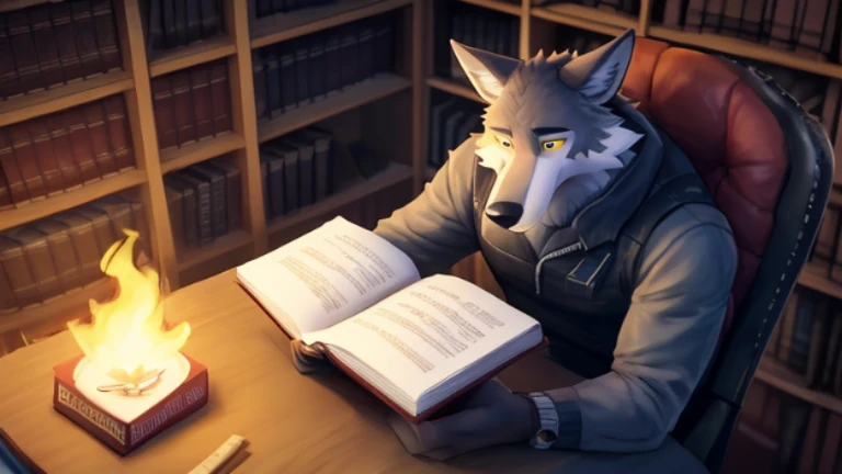 best quality,4k,ultra-detailed,realistic,portrait,wolf,Wendell,furry,book reader,library,dim soft detailed lighting,cozy atmosphere,bookshelves,comfortable library chair,warm colors,peaceful,relaxing,A-level, 3d render, high quality digital art, wearing no clothing, detailed eyes, good anatomy, good perspective, towards viewer, by bebebebebe, by sicklyhypnos, by gerkk, by orf, big muscles and arms, muscular, solo, cartoon, male, muscular build, holding book, looking smart, with a big fire around him with smoke with a deep meaning behind the fire being there